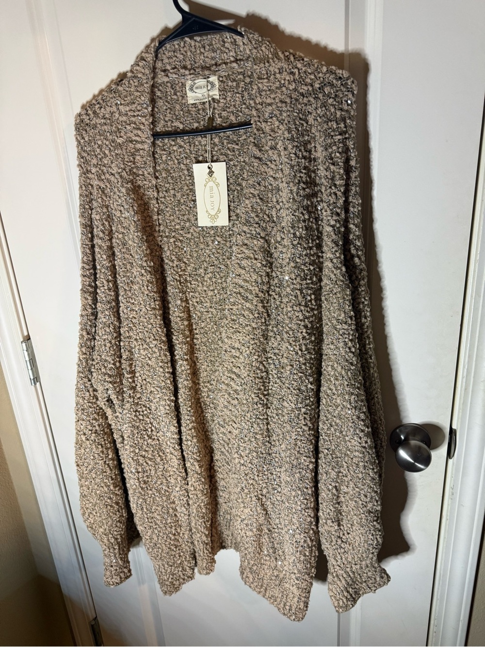 Mia Joy Popcorn Knit Cardigan XL | NWT Taupe Open Front Sequin Cozy Sweater